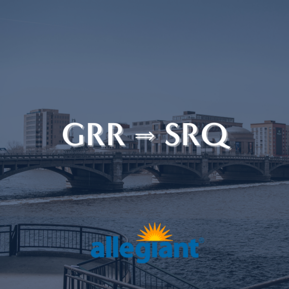 The image shows a river with a bridge in the background. The text reads GRR ➔ SRQ above the bridge, indicating flight destinations. Below, the Allegiant logo is displayed.