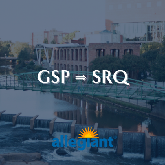 Text reading “GSP ⇒ SRQ” over a scenic view of brick buildings, a green bridge, and a waterfall. Allegiant logo with a sunburst is at the bottom.