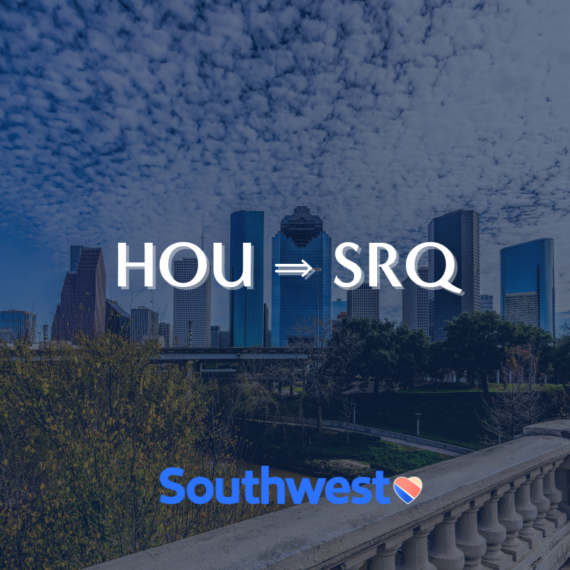 Text overlay on a cityscape showing HOU ⇒ SRQ above Southwest with a heart logo. The image features a view of a city skyline under a blue sky with clouds.