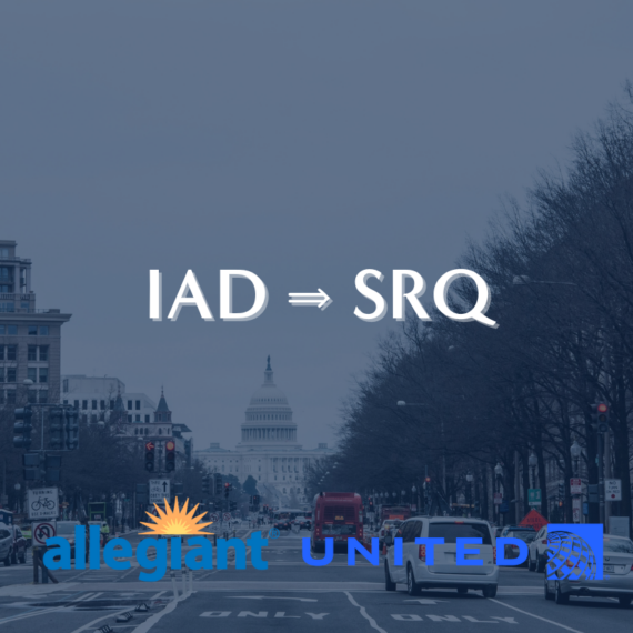 A street view of Washington, D.C., with the U.S. Capitol in the background. Text reads IAD ⇒ SRQ above the logos of Allegiant and United airlines.