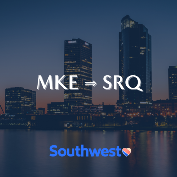 Skyline at dusk with illuminated skyscrapers. Text reads MKE ➔ SRQ above the Southwest Airlines logo featuring a heart.