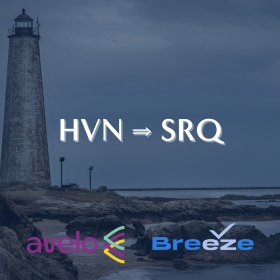 A lighthouse by the sea at dusk with rocky shores. Text reads HVN ⇒ SRQ in the center. Logos for Avelo and Breeze airlines are at the bottom.