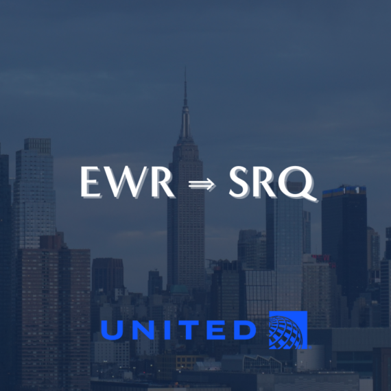 Skyline view of a city with tall buildings under a gray-blue sky. Bold white text reads EWR → SRQ in the center, with the United Airlines logo below.