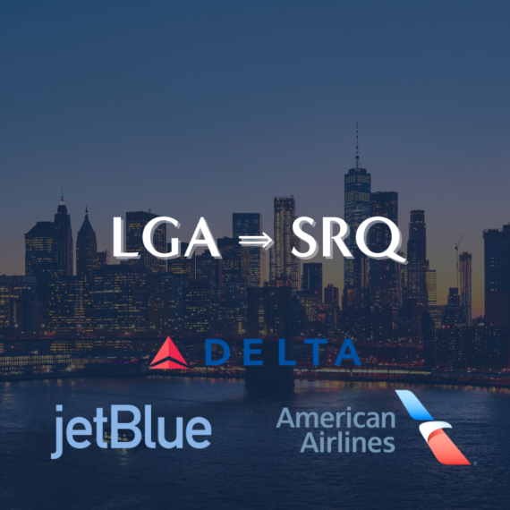 Skyline of a city at dusk with LGA → SRQ in white text. Below, logos for Delta, jetBlue, and American Airlines are displayed, alluding to flights between the two locations.