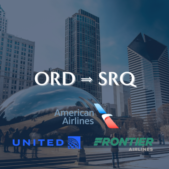 Background image of Cloud Gate in Chicago with logos of American Airlines, United Airlines, and Frontier Airlines below text reading ORD → SRQ.