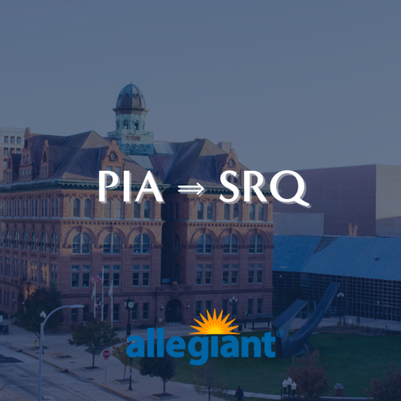 An old brick building with a tall roof and clock tower stands next to a modern glass structure. Text reads PIA ➔ SRQ over the image, with the Allegiant Airlines logo at the bottom.