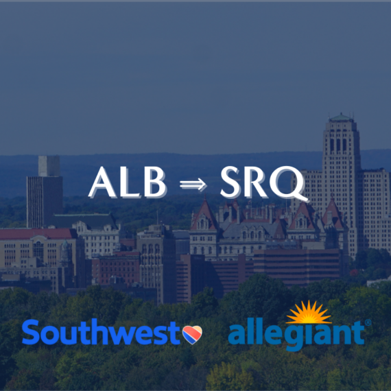 The image shows a skyline of a city under a clear sky with the text ALB ⇒ SRQ above it. Logos of Southwest and Allegiant airlines are at the bottom.