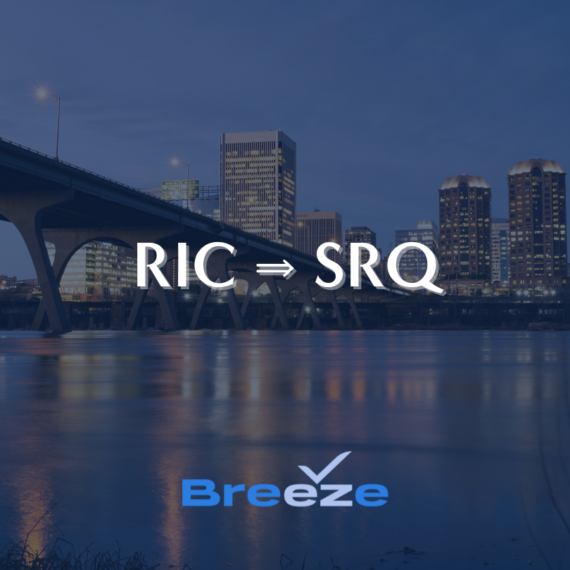 City skyline at dusk with a bridge over water in the foreground. White text reads RIC ⇒ SRQ and BreezE is written below.