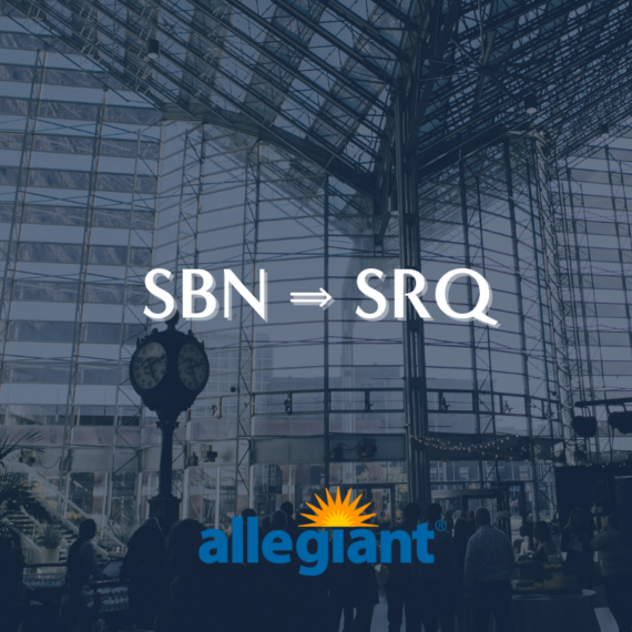 Interior of a modern airport with large glass windows and a historic-style clock. Text SBN ⇒ SRQ is centered, indicating a flight route. Allegiant Air logo is displayed at the bottom. Passengers are visible in the foreground.