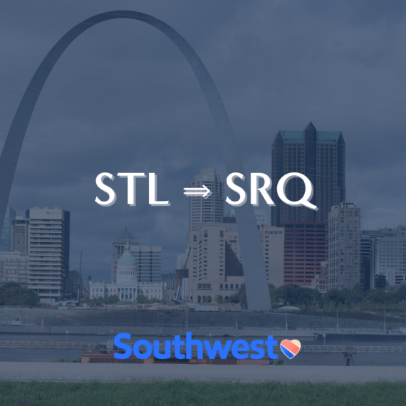 Skyline with the Gateway Arch and buildings in the background. Text reads STL ➔ SRQ above the Southwest Airlines logo.