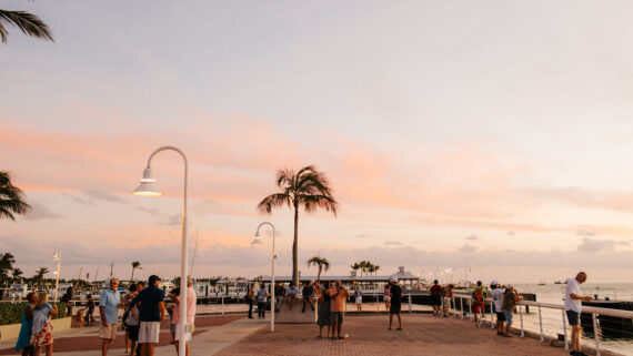 People gather along a waterfront promenade lined with palm trees and street lamps at sunset. The sky is pink and orange, and boats are visible on the calm water in the background.