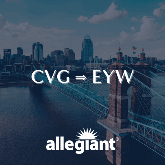 A photo of Cincinnati’s skyline and the John A. Roebling Suspension Bridge, with text reading CVG ⇒ EYW and the Allegiant logo below.
