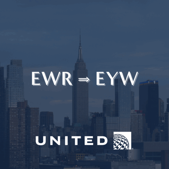 Text reading EWR ⇒ EYW over a city skyline with the Empire State Building, and the United Airlines logo below.