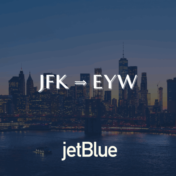 Text JFK → EYW over a city skyline at dusk, with the water in the foreground and jetBlue logo at the bottom.