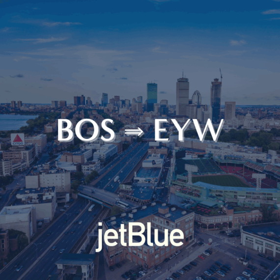 A cityscape of Boston with the Prudential Tower and Fenway Park visible. Text reads BOS ⇒ EYW and jetBlue, indicating a flight route from Boston to Key West.
