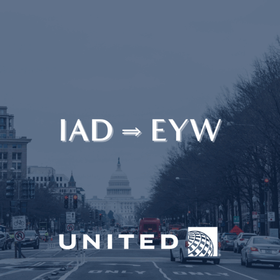 The U.S. Capitol building is centered in the background with “IAD ⇒ EYW” and the United Airlines logo overlaid on the image.