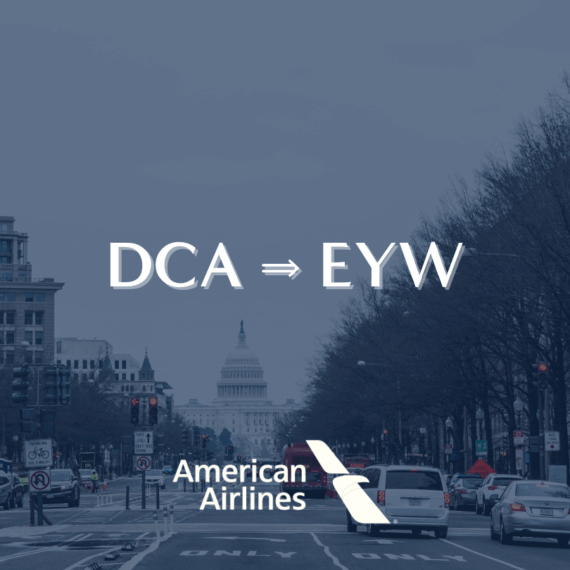 A busy city street with cars and the U.S. Capitol building in the background. Text reads DCA ⇒ EYW and American Airlines with the airlines logo at the bottom.