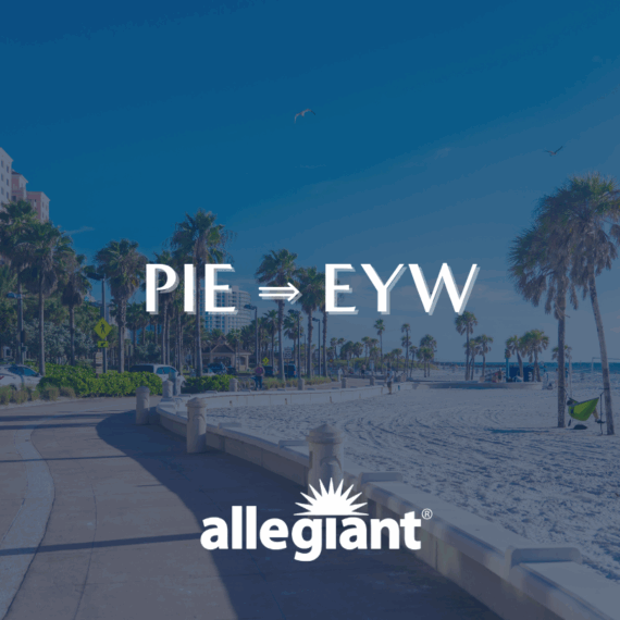 A sunny beach with palm trees and a boardwalk under a clear blue sky. Text in the center reads PIE ⇒ EYW and allegiant at the bottom.