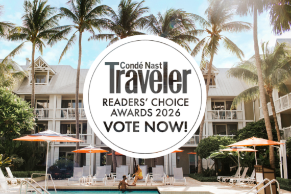 Tropical hotel pool area with palm trees and lounge chairs. Large circular overlay reads: “Condé Nast Traveler Readers Choice Awards 2026. Vote Now!”.