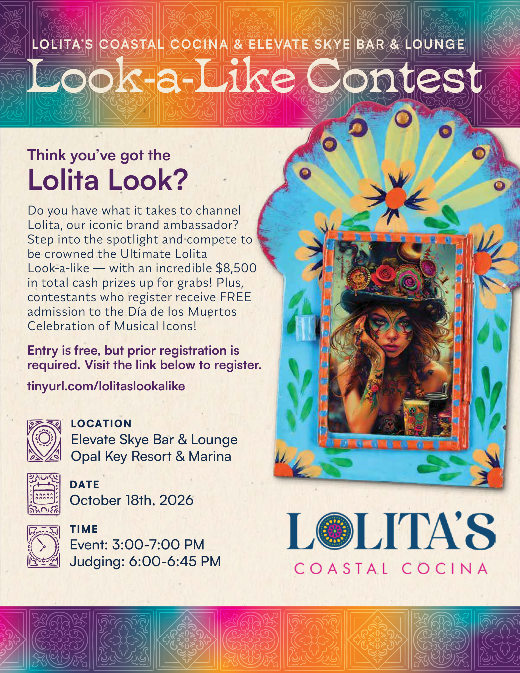 A contest flyer with a colorful painting of a woman, event details, and Lolitas Coastal Cocina logo. Text invites guests to enter a Look-a-Like Contest for prizes at Elevate Skye Bar & Lounge, October 18, 2026.