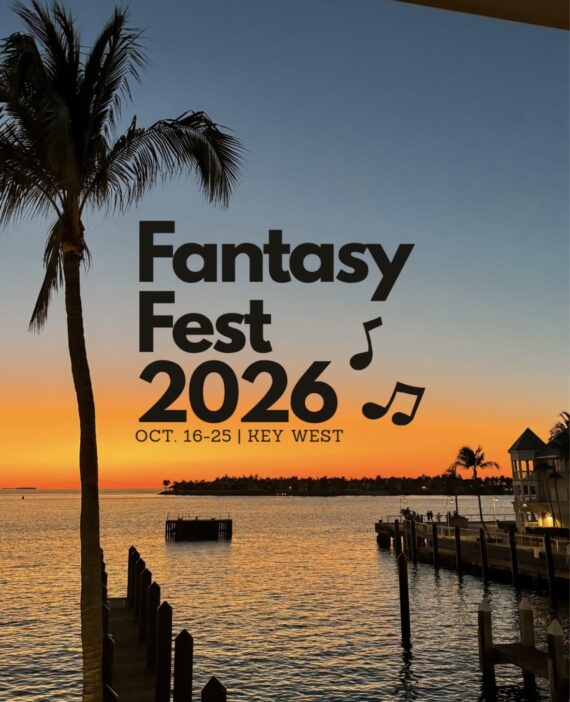 Sunset over the ocean in Key West with palm trees and a dock. Text reads: Fantasy Fest 2026, Oct. 16-25, Key West with musical notes.
