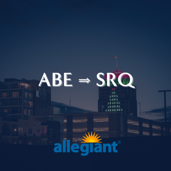 City skyline at dusk with illuminated buildings. Text reading ABE ⇒ SRQ is prominent in the center, with the Allegiant logo and a sun graphic below.
