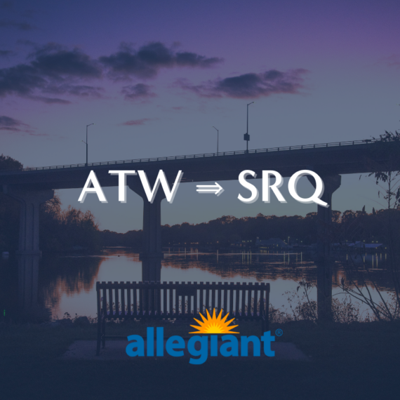 A dusk scene shows a bridge over a calm river with a park bench in the foreground. The sky is partially clouded with hues of purple and orange. Overlayed in bold text are ATW ⇒ SRQ with the Allegiant logo below.