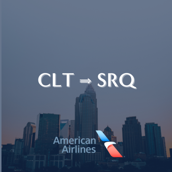 Skyline with skyscrapers silhouetted against a gradient blue sky. Large text reads CLT ➔ SRQ above an American Airlines logo at the bottom, featuring a stylized eagle and red, white, and blue elements.