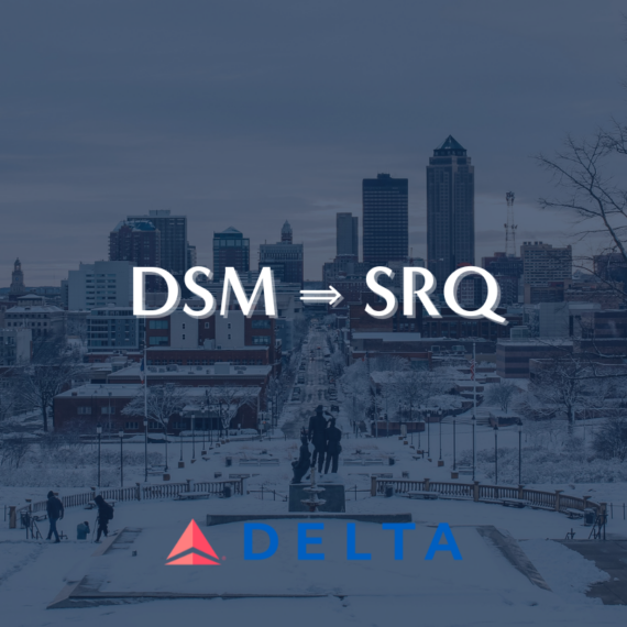 A winter cityscape view with snow-covered streets and lit skyscrapers in the distance. Text reads DSM ⇒ SRQ above, and DELTA with a logo below.
