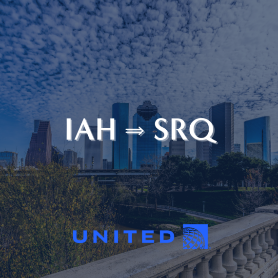Skyline view with text overlay IAH ➔ SRQ and United logo beneath. The scene features skyscrapers, a cloud-dotted sky, and treetops, with a stone railing in the foreground.