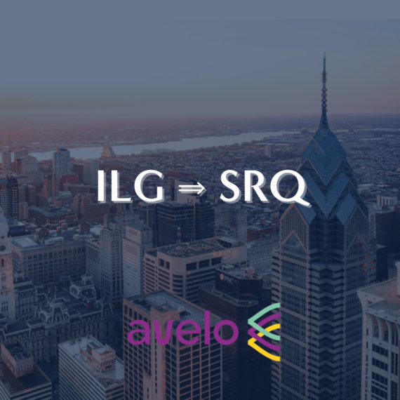 A city skyline with a logo at the bottom that says avelo next to a colorful emblem. In the sky, bold white text reads ILG ⇒ SRQ.