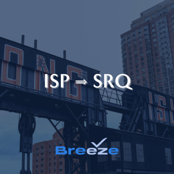 The image features industrial structures with ISP ⇨ SRQ and Breeze text overlayed, set against a backdrop of urban architecture, including a tall building.