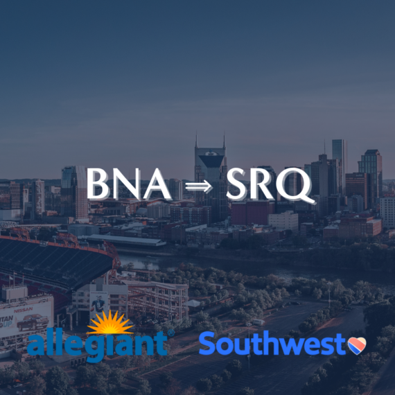 Aerial view of Nashville skyline at dusk with BNA ➔ SRQ text in the center. Allegiant and Southwest Airlines logos are at the bottom.