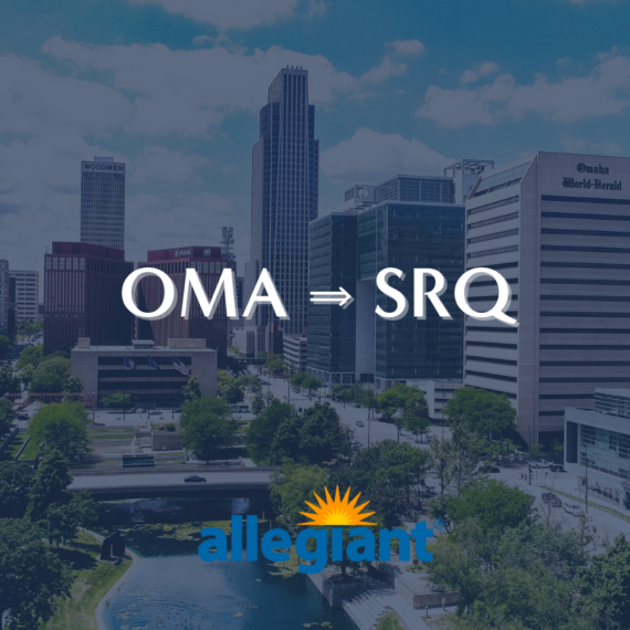 Skyline of a city with the text OMA ➔ SRQ in the center, suggesting a flight route, and the Allegiant logo at the bottom. Surrounding buildings include the Woodmen building and Omaha World-Herald.
