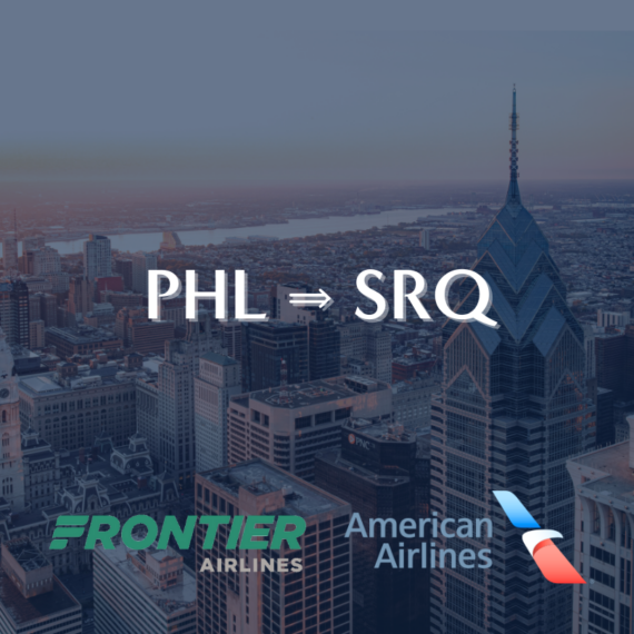 Aerial view of a city with PHL ⇨ SRQ in the center. Logos for Frontier Airlines and American Airlines are at the bottom, indicating a flight route from Philadelphia to Sarasota.