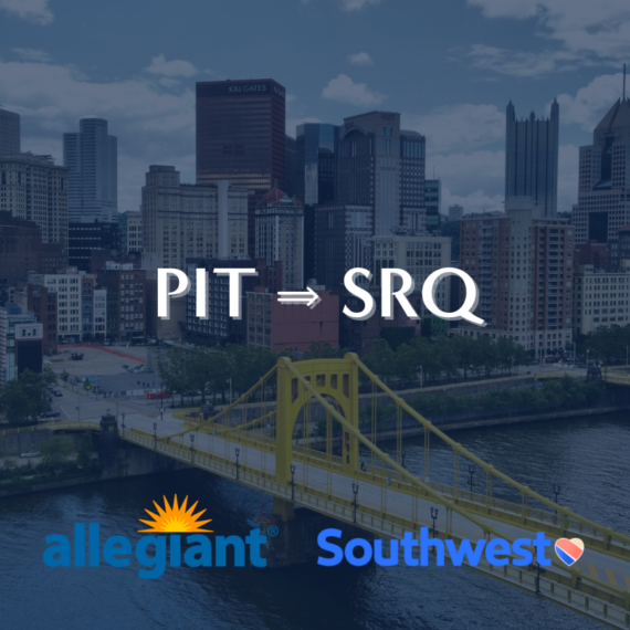City skyline with yellow bridge and river. Text reads PIT ➔ SRQ above Allegiant and Southwest Airlines logos.