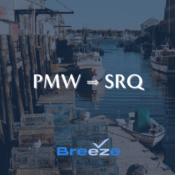 A dock with lobster traps and fishing boats under a clear sky. The text reads PMW ⇒ SRQ above the Breeze Airways logo.
