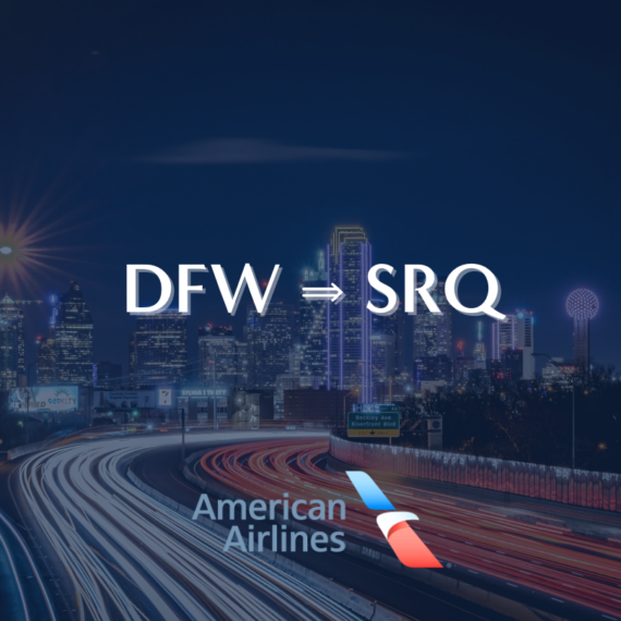 A nighttime cityscape with blurred car lights on a highway, featuring the text DFW → SRQ. The American Airlines logo is displayed at the bottom. The skyline includes illuminated buildings against a dark sky.