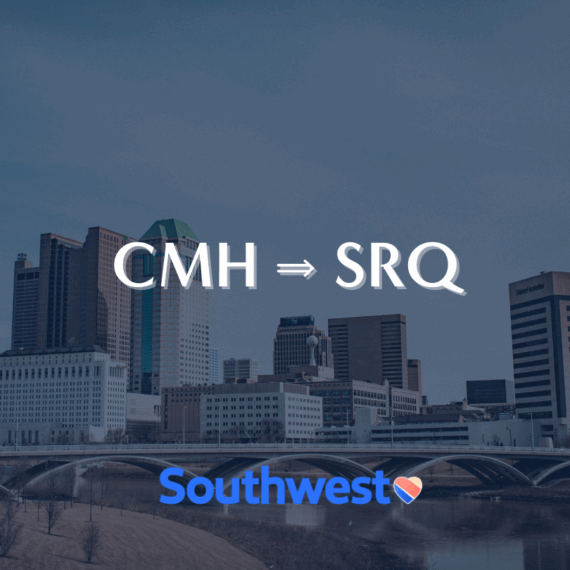 Skyline of a city with the text CMH ⇒ SRQ in the center and Southwest with a heart logo below.