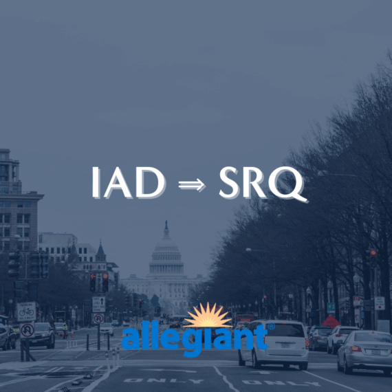 A city street leading to the U.S. Capitol building with text IAD ⇒ SRQ and the Allegiant logo below, indicating a flight route.