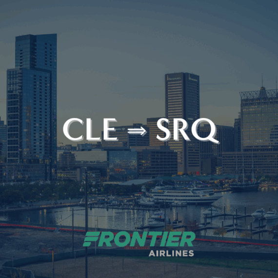 Skyline view of a city at dusk with CLE ⇒ SRQ in bold white text in the center and Frontier Airlines logo at the bottom, suggesting a flight route between two cities.
