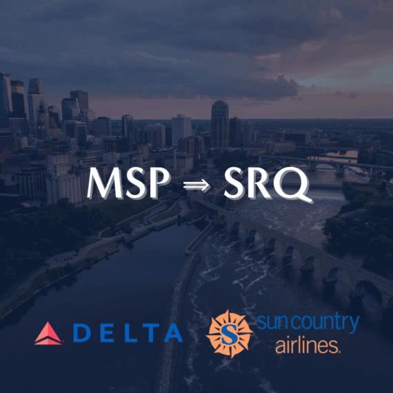 A city skyline and river with text MSP ⇒ SRQ in the center, and Delta and Sun Country Airlines logos at the bottom, suggesting a flight route between MSP and SRQ airports.