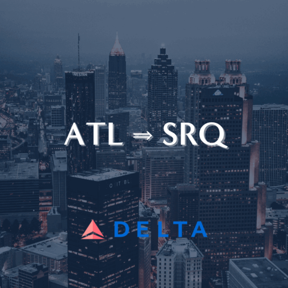 A cityscape at dusk with ATL ⇒ SRQ in bold white text and the Delta Air Lines logo below, indicating a flight route.