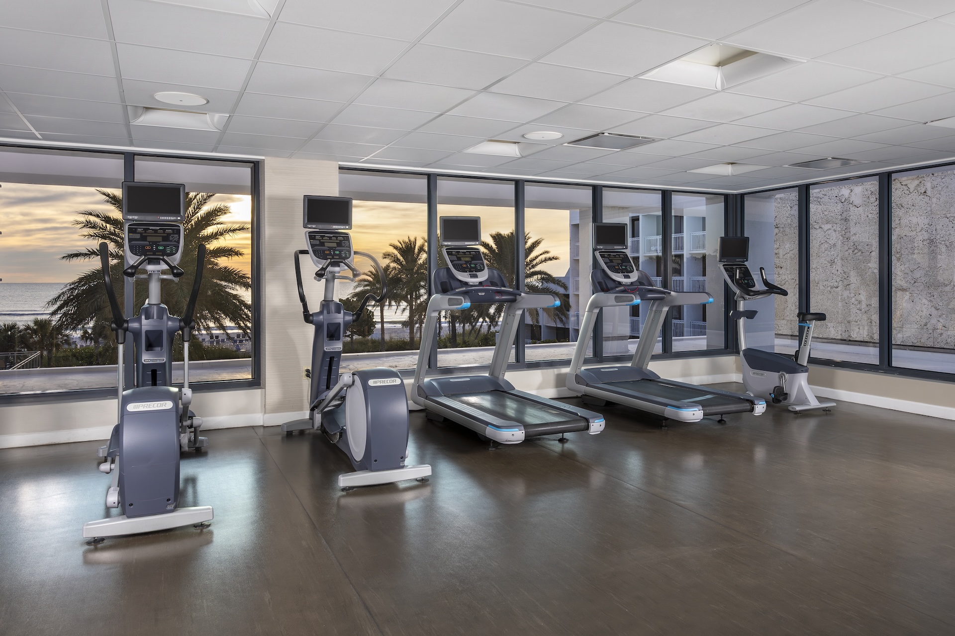 A modern gym with two ellipticals, two treadmills, and a stationary bike facing large windows, offering a view of palm trees and a beach at sunset.