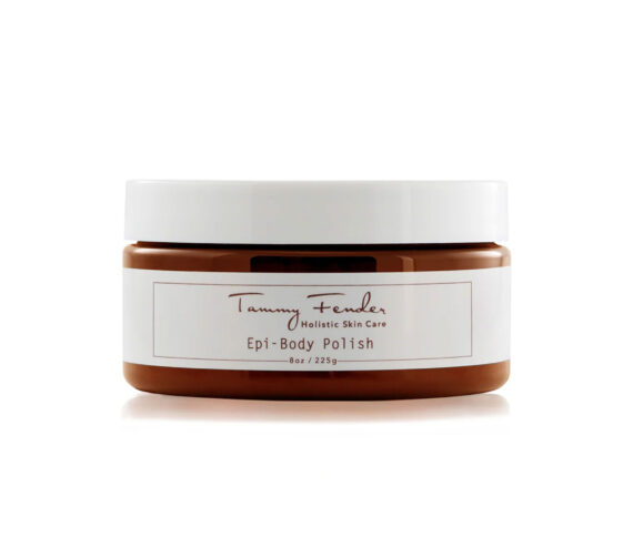 A white jar with a brown lid labeled Tammy Fender Holistic Skin Care Epi-Body Polish, 8 oz / 225 g. The jar has a clean, minimalist design and is placed against a plain white background.