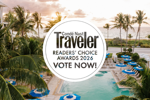 A tropical resort pool surrounded by palm trees and blue lounge chairs at sunset, with the ocean in the background. Overlaid text reads: Condé Nast Traveler Readers Choice Awards 2026 Vote Now!.