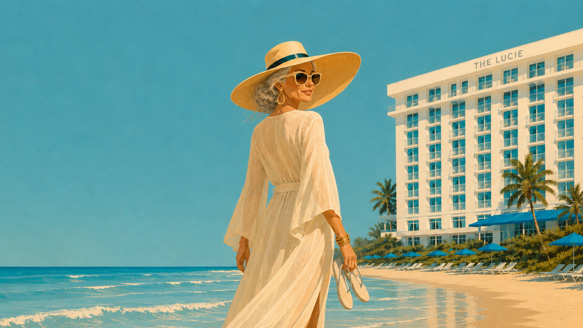 A stylish older woman in a sun hat and white dress walks barefoot on a sunny beach, holding her sandals. Palm trees and a modern hotel called The Lucie are seen in the background.
