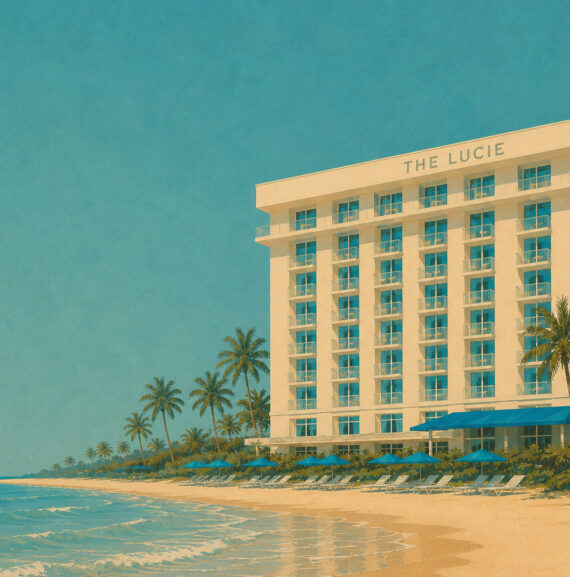 A modern beachfront hotel named The Lucie with balconies overlooks a sandy shore lined with palm trees and blue lounge chairs under a clear sky. Waves gently approach the shore.