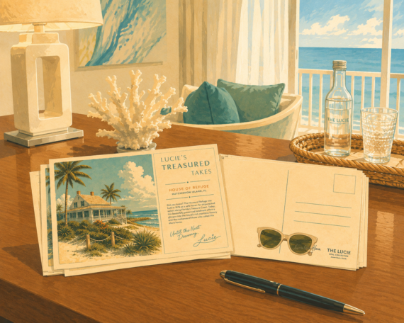 A postcard featuring a beach house sits on a wooden desk with a pen, sunglasses, a lamp, a coral decor piece, and a tray with a water bottle and glasses. A chair, ocean view, and balcony are visible in the background.
