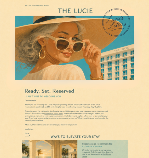 A woman in a sun hat and sunglasses smiles while holding her hat brim, standing in front of a modern hotel called The Lucie. The scene is sunny, with palm trees and blue sky in the background.